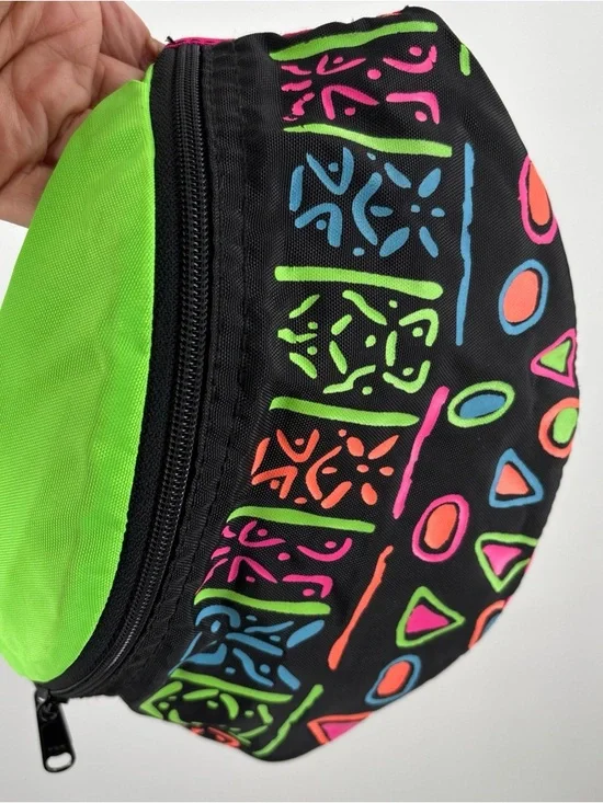 Neon Patterned Black Waist Bag with Lime Green Top 80s-90s vibes! Unisex! - Picture 13 of 14